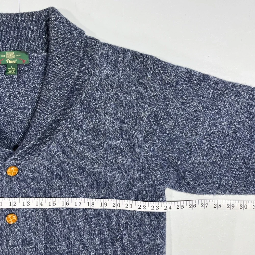 Orvis Vintage 90s Shawl Collar Knit Cardigan Sweater Blue Wool Blend Mens Large